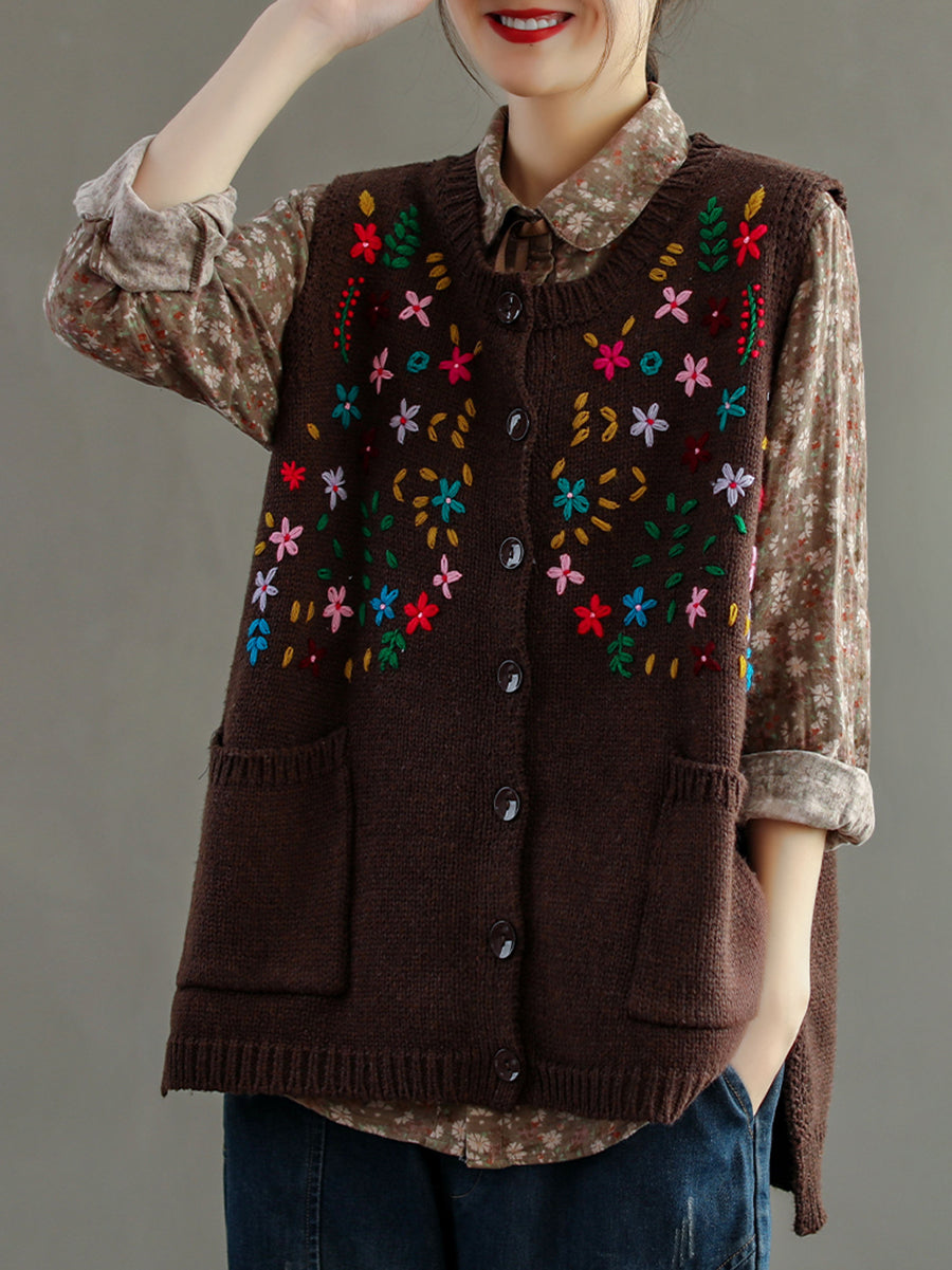 Women Embroidery Cotton Baggy Cardigan Vest