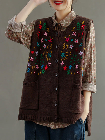 Women Embroidery Cotton Baggy Cardigan Vest