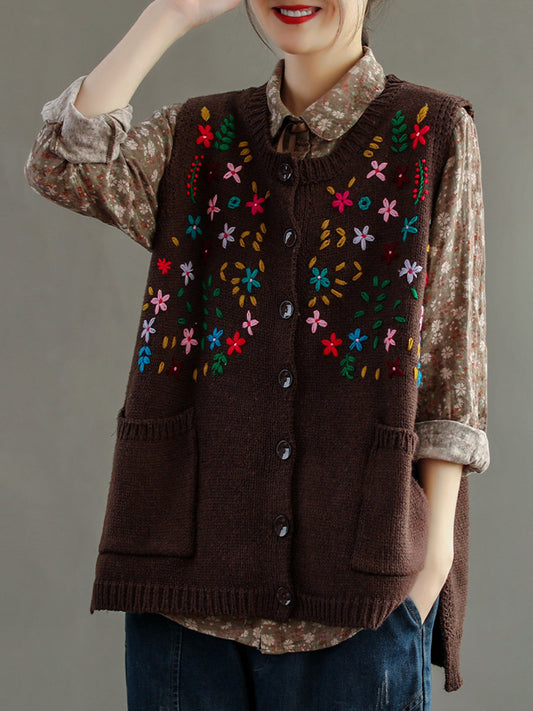 Women Embroidery Cotton Baggy Cardigan Vest