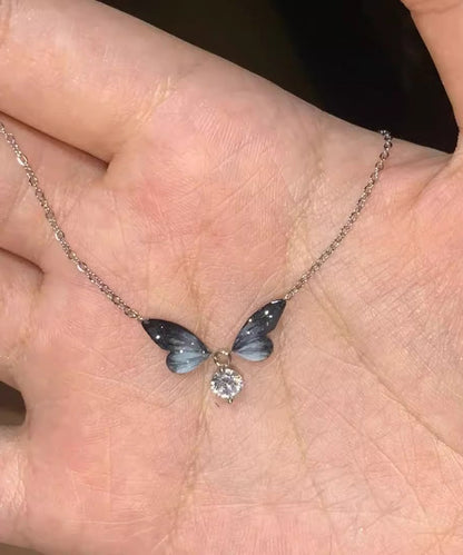 Simple Black Alloy Zircon Butterfly Pendant Necklace