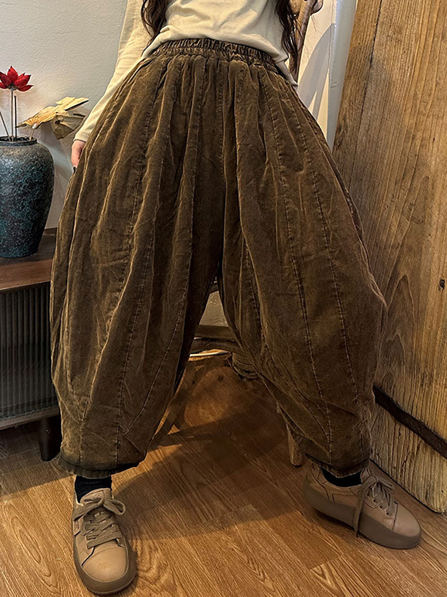 Winter Women Worn Corduroy Elastic Waist Solid Harm Pants