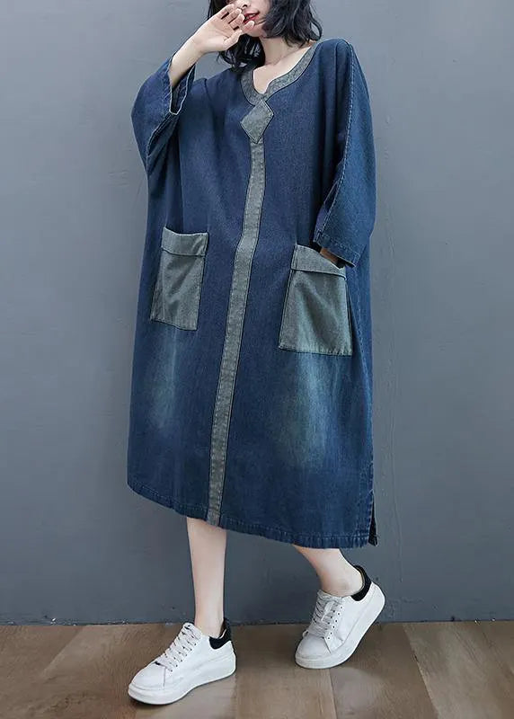 French O Neck Patchwork  Dresses Outfits Denim Blue Robe Dresses