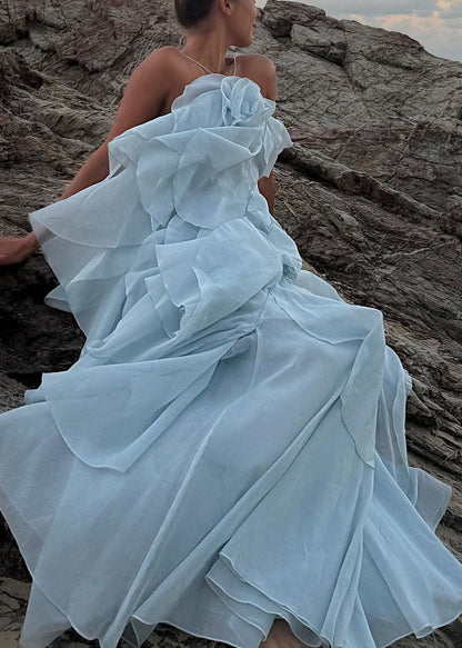 Boho Blue Ruffled Asymmetrical Design Chiffon Spaghetti Strap Dress Summer