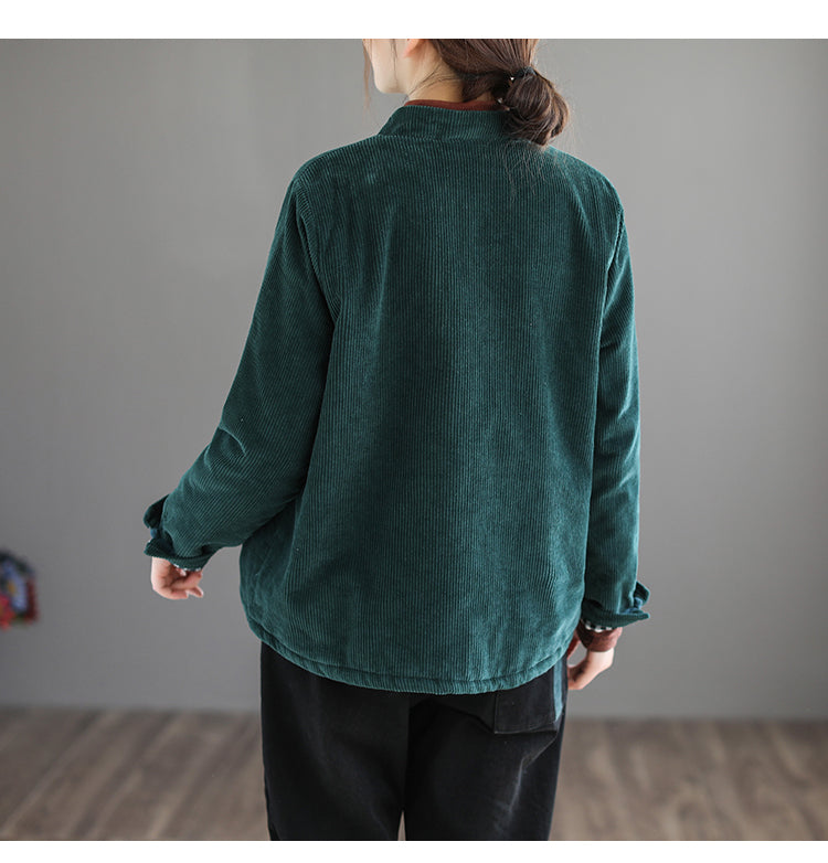 Stand Collar Corduroy Buckle Solid Stripe Thermal Jacket