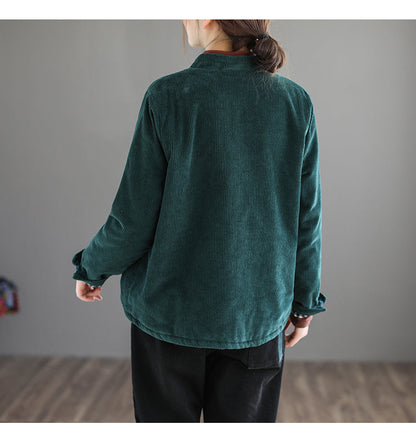 Stand Collar Corduroy Buckle Solid Stripe Thermal Jacket