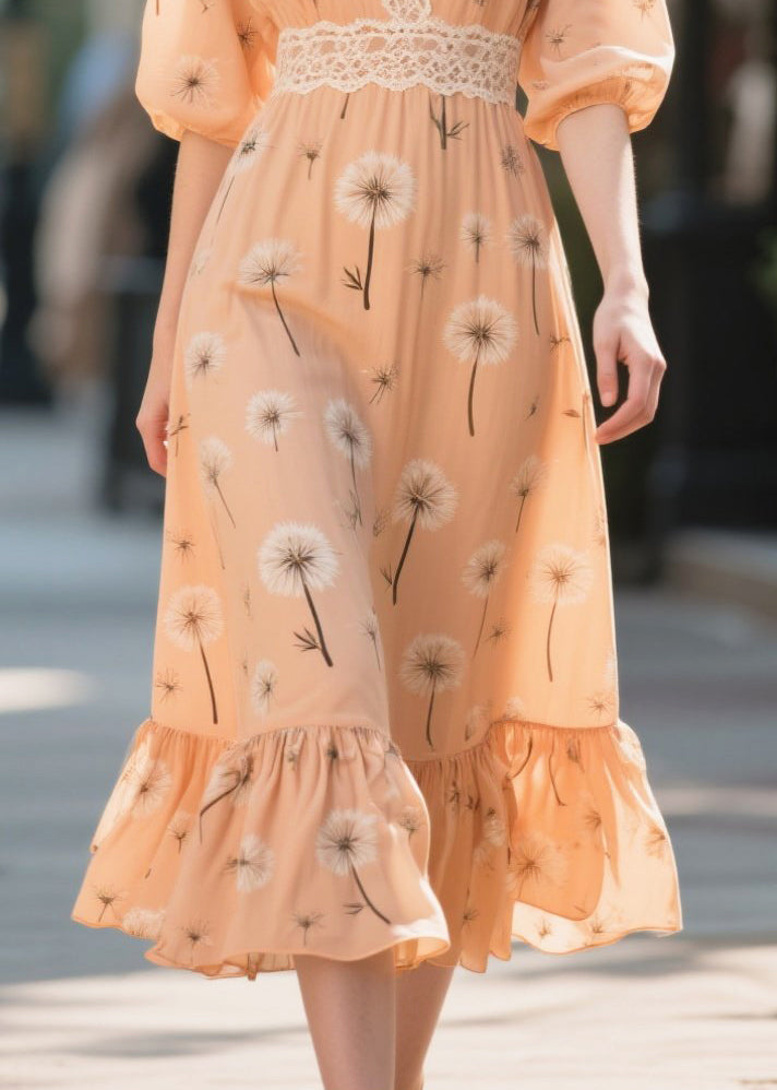 Fashion Orange Print Patchwork Chiffon Long Dress Summer