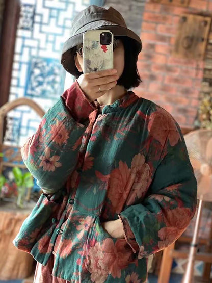 Women Winter Vintage Floral Print Frog Cotton Coat