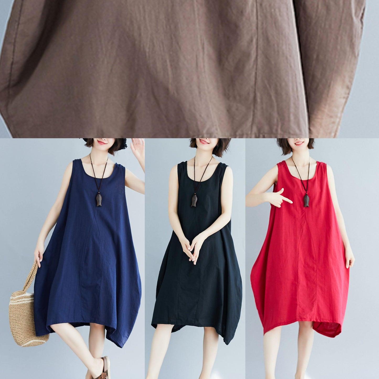 Bohemian o neck linen quilting dresses Fashion Ideas khaki sleeveless Dress summer
