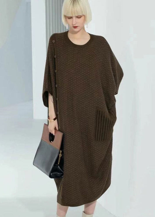 Boutique Coffee O-Neck Patchwork Button Long Wool Knit Dress Bracelet Sleeve
