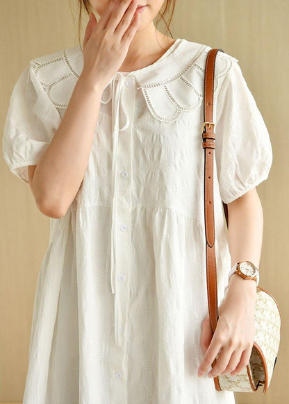 Beautiful White O-Neck Jacquard Summer Cotton Party Dresses Short Sleeve