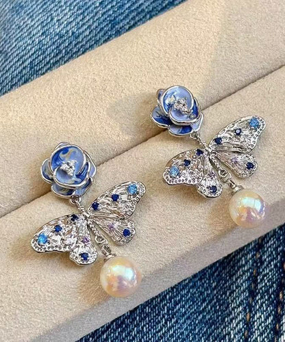 Beautiful Silk Alloy Pearl Zircon Butterfly Floral Enamel Drop Earrings