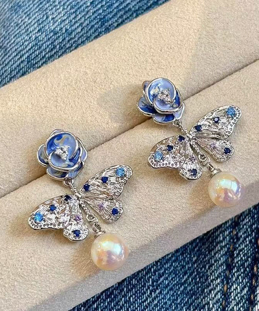 Beautiful Silk Alloy Pearl Zircon Butterfly Floral Enamel Drop Earrings