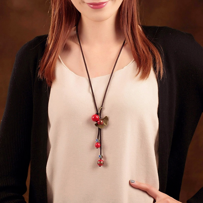 Original Handmade Vintage Apricot Leaf Long Necklace