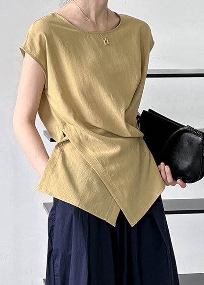Fine Yellow Asymmetrical Solid Top Short Sleeve
