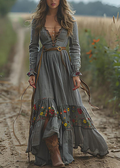 Bohemian Print Wrinkled Patchwork Cotton Long Dresses Spring