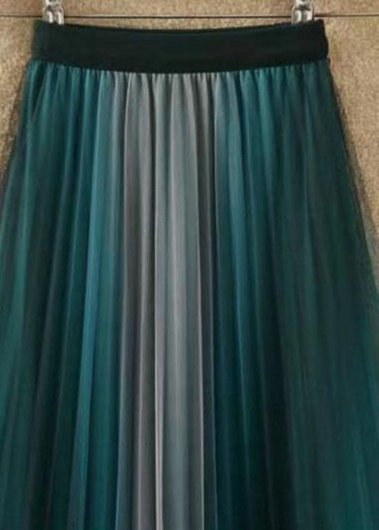 Women Gradient Color Wrinkled Elastic Waist Tulle Skirts Summer