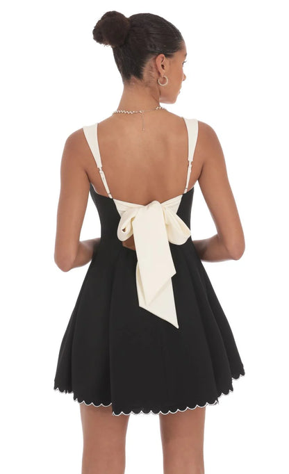Scallop Hem Fit and Flare Dress in Black