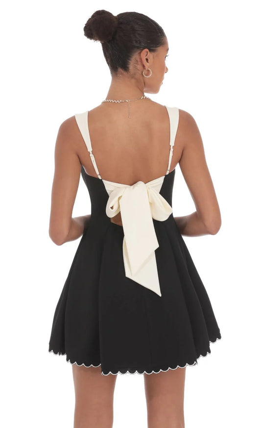 Scallop Hem Fit and Flare Dress in Black