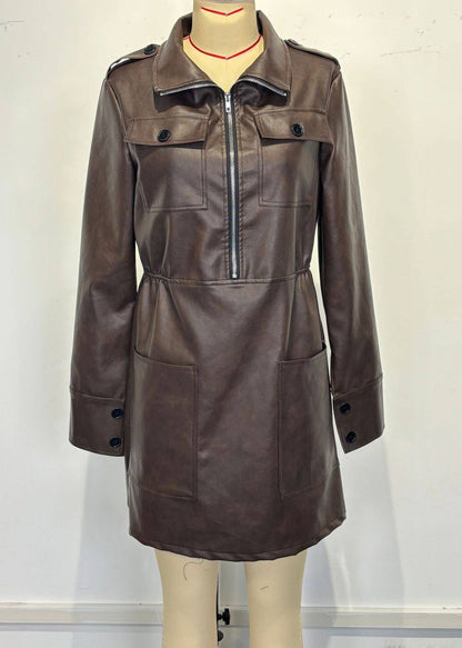 Women Coffee Peter Pan Collar Zippered Patchwork Faux Leather Mid Dress Spring