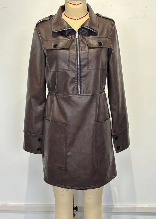 Women Coffee Peter Pan Collar Zippered Patchwork Faux Leather Mid Dress Spring