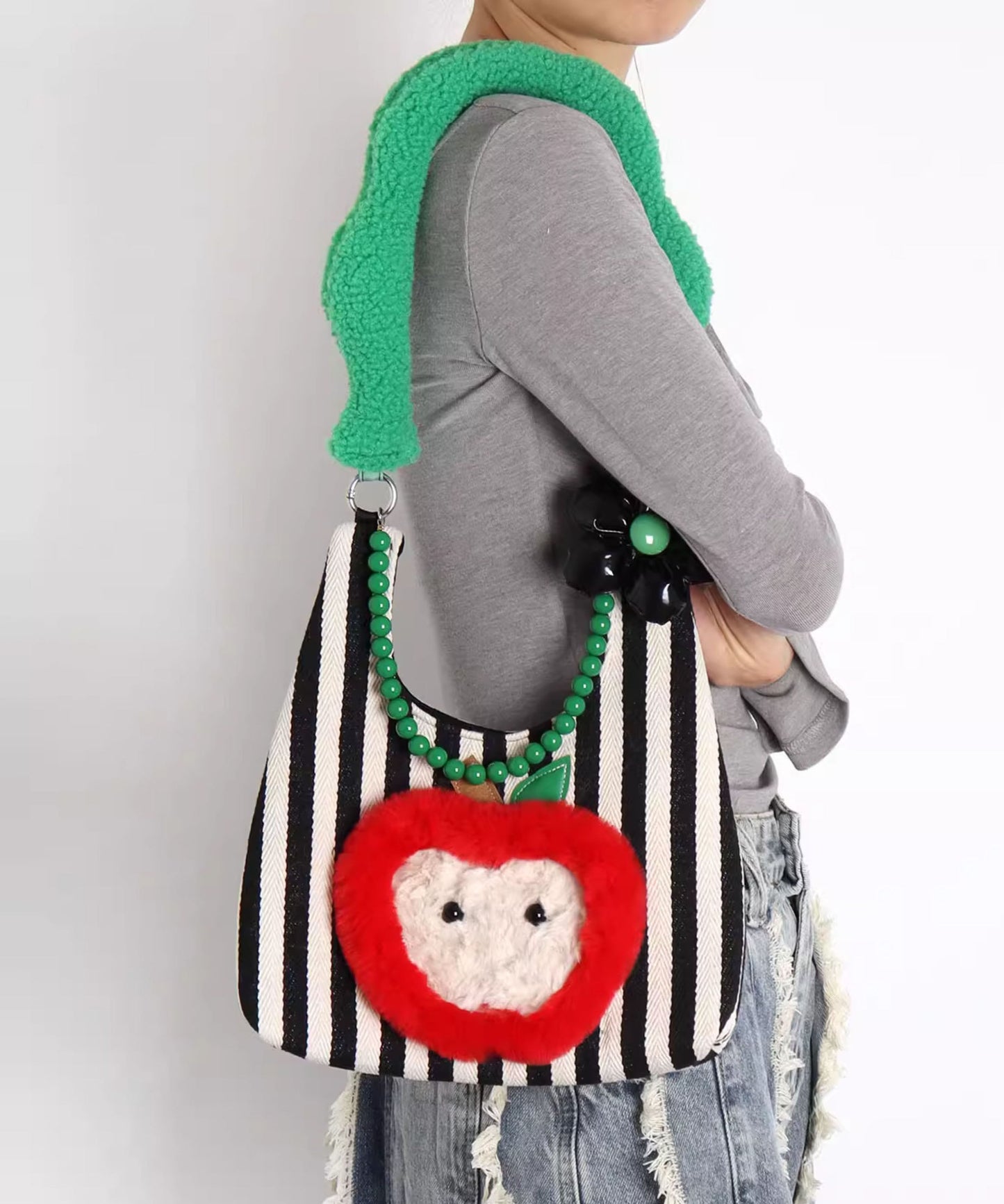 Stylish Black Striped Patchwork Apple Canvas Shoulder Bags