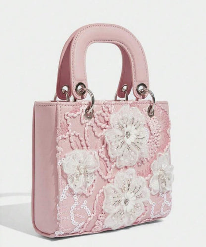Handmade Pink Embroidered Flower Faux Leather Mini Bag