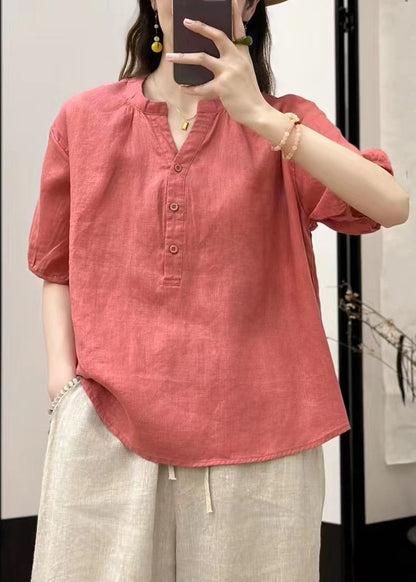 Fine Blue V Neck Button Solid Linen Top Summer