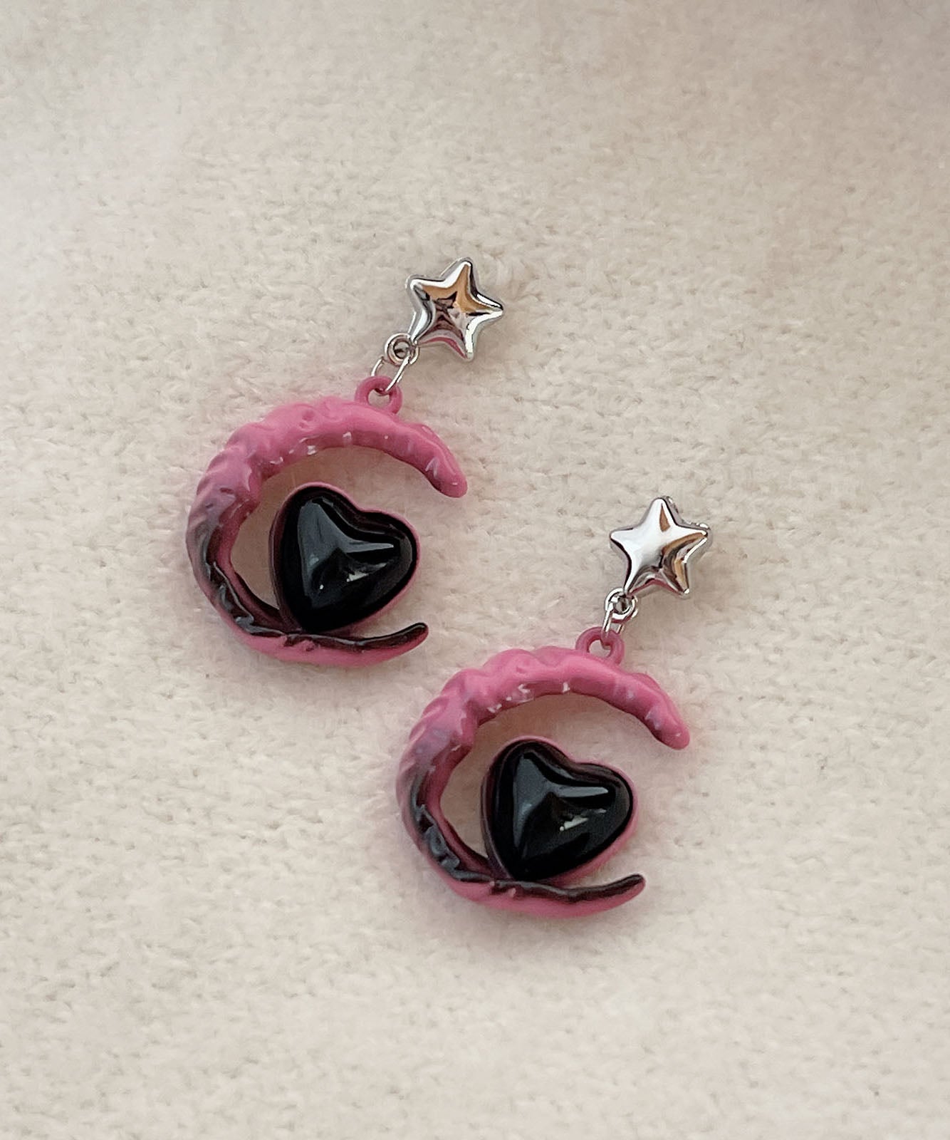 Gradient Color Pink Sterling Silver Alloy Glass Moon Love Drop Earrings