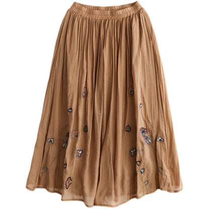 Cozy Retro Floral Print Double-Layer Linen Skirt