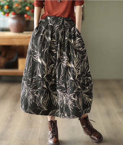 Vintage Printed Cotton And Linen Slim Elastic Waist A-Line Skirt