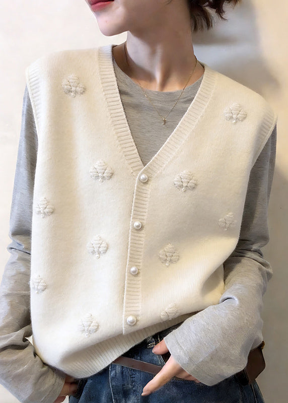 Modern Apricot V Neck Floral Button Cotton Knit Waistcoat Sleeveless
