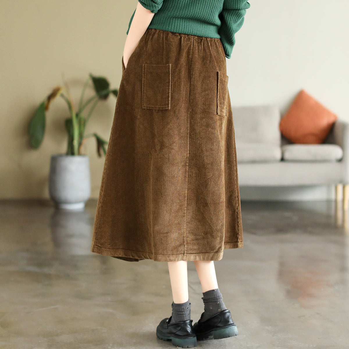 Autumn  Solid Corduroy Cotton A-Line Skirt