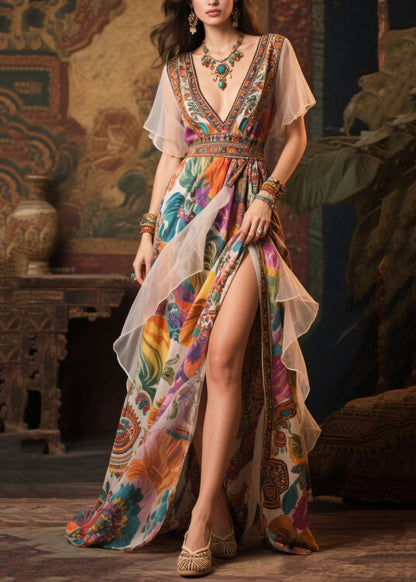 Women Khaki Print Patchwork Side Open Chiffon Evening Dress Summer