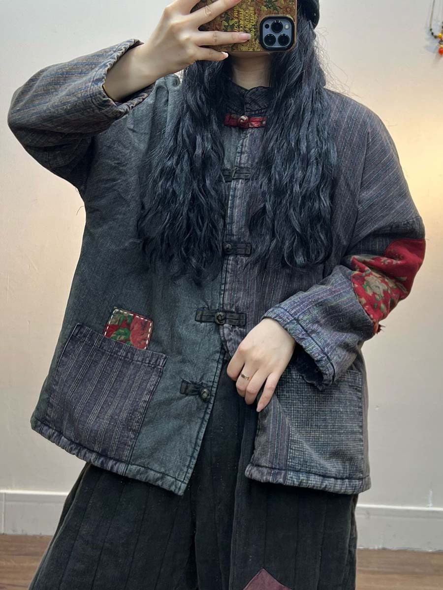 Women Irregular Print Chinese Style Cotton Coat