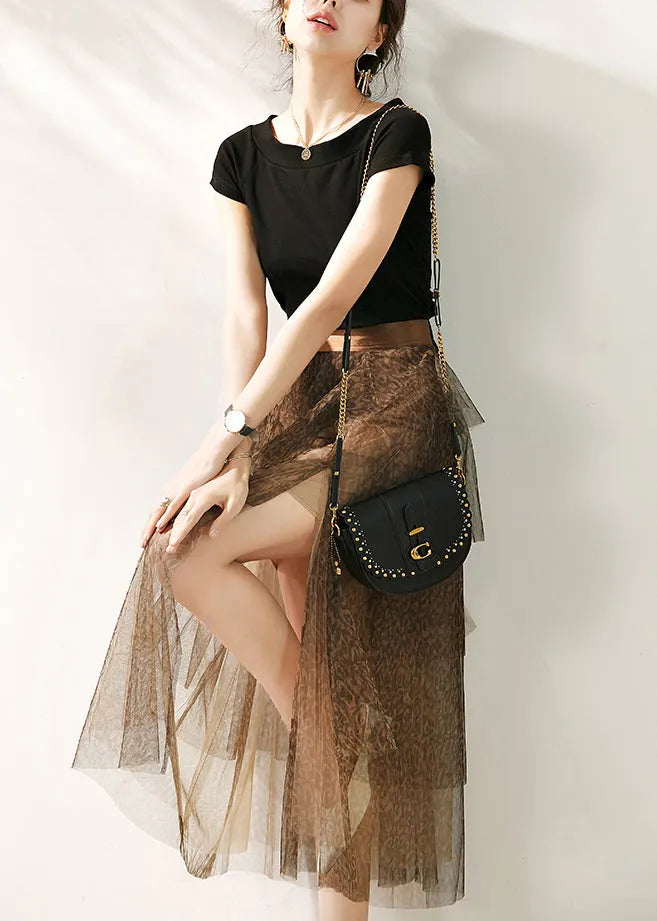 Vogue Black O-Neck T Shirts And Tulle Maxi skirts Two Pieces Set Summer