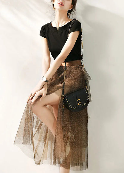 Vogue Black O-Neck T Shirts And Tulle Maxi skirts Two Pieces Set Summer