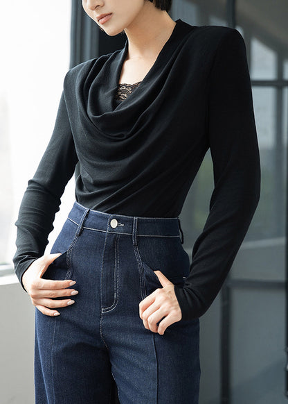 Slim Fit Black Lace Patchwork Solid Wool T Shirts Fall