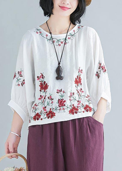 Chic White Embroideried Shirt Summer Cotton Linen