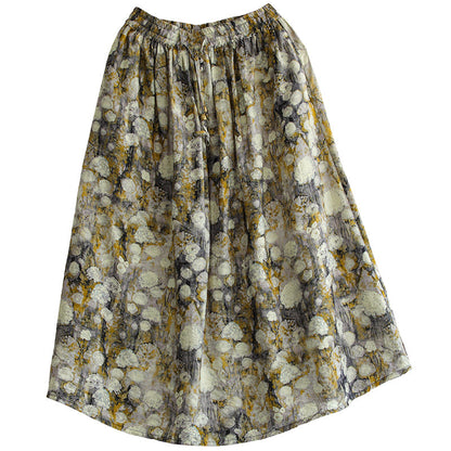 Cozy Linen Retro Loose Floral Printed A-Line Skirt