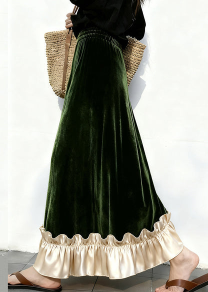 Elegant Ruffled Elastic Waist Patchwork Velour Skirt Winter