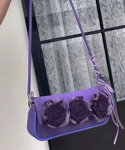 Boho Purple Flower Decorated Durable Faux Leather Shoulder Bags