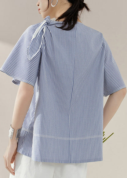 Natural Blue O-Neck Striped Bow Tops Summer