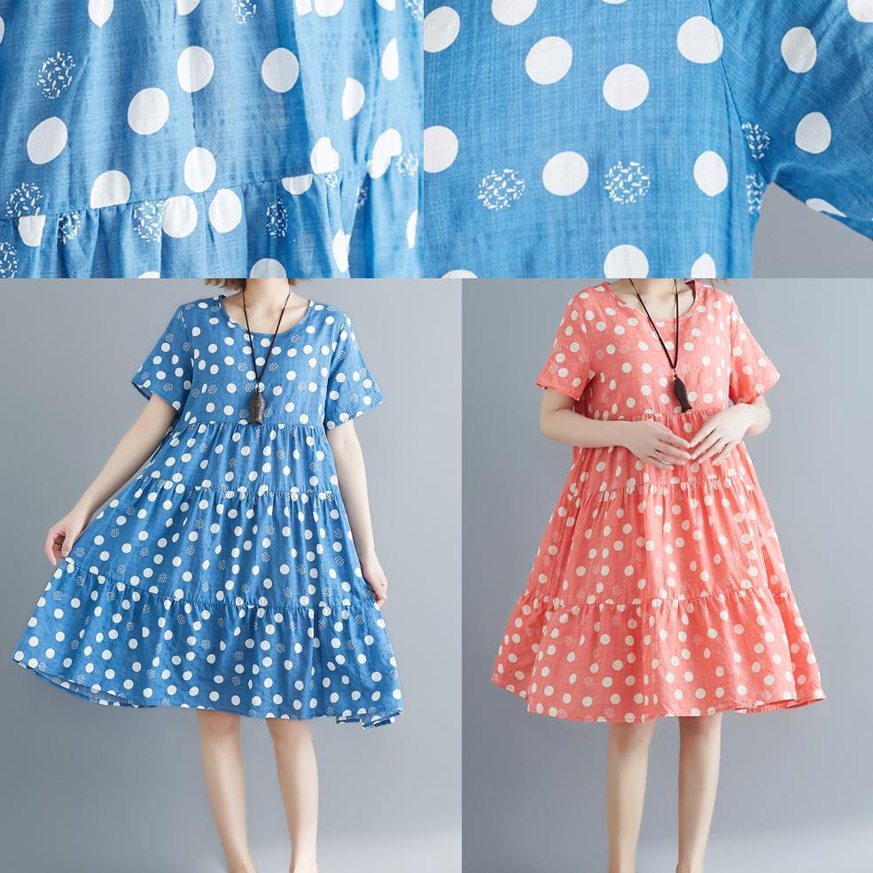 Bohemian o neck Cinched cotton linen blue print Dresses summer