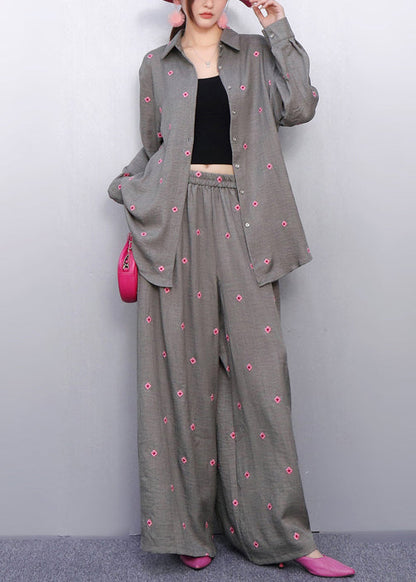 Coordinated Style Grey Two-Piece Outfit Vibrant Pink Embroidered Details