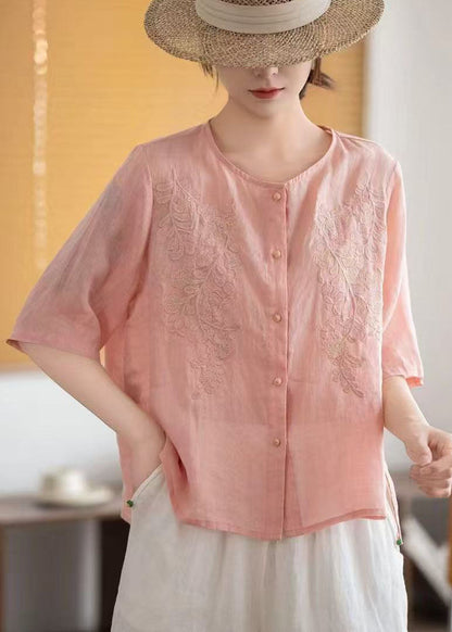 Boho Grey Embroidered Linen Tops Half Sleeve