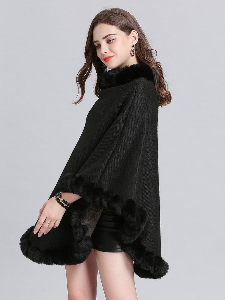 Women Woolen Poncho Faux Fur Shawl Collar Oversized Winter Coat