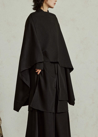 Chinese Style Black Peter Pan Collar Low High Design Shirt Batwing Sleeve