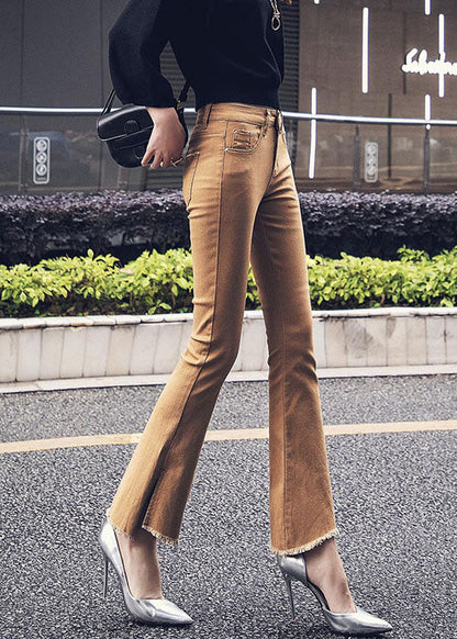 New Khaki Tasseled Slim Fit Denim Flared Trousers Fall