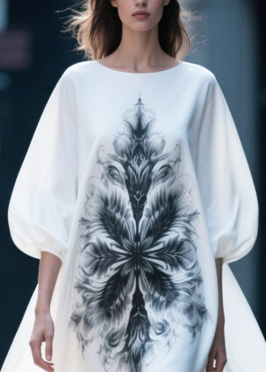 Women White Oversized Print Chiffon Vacation Dresses Puff Sleeve