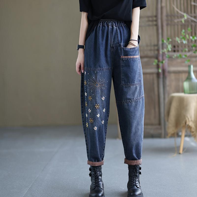 Floral Embroidery Loose Retro Casual Cotton Denim Pants